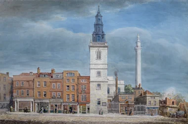 Widok na kościół St. Michael Church, Crooked Lane, Londyn, zaprojektowany przez Christophera Wrena, podczas rozbiórki pod budowę New London Bridge, ok. 1830 r.